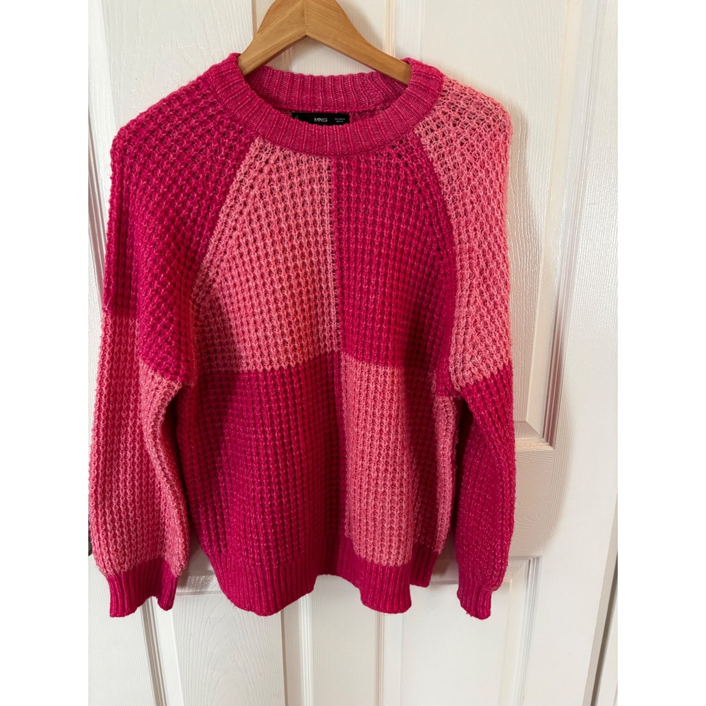 Mango MNG Pink Checkerboard Colorblock Chunky Knit Sweater Womens Medium